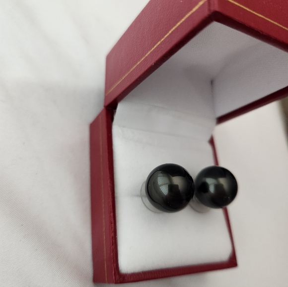 VTG LARGE 12mm BLACK GLASS PEARL STUD EARRINGS STERLING SILVER POST - Picture 5 of 10